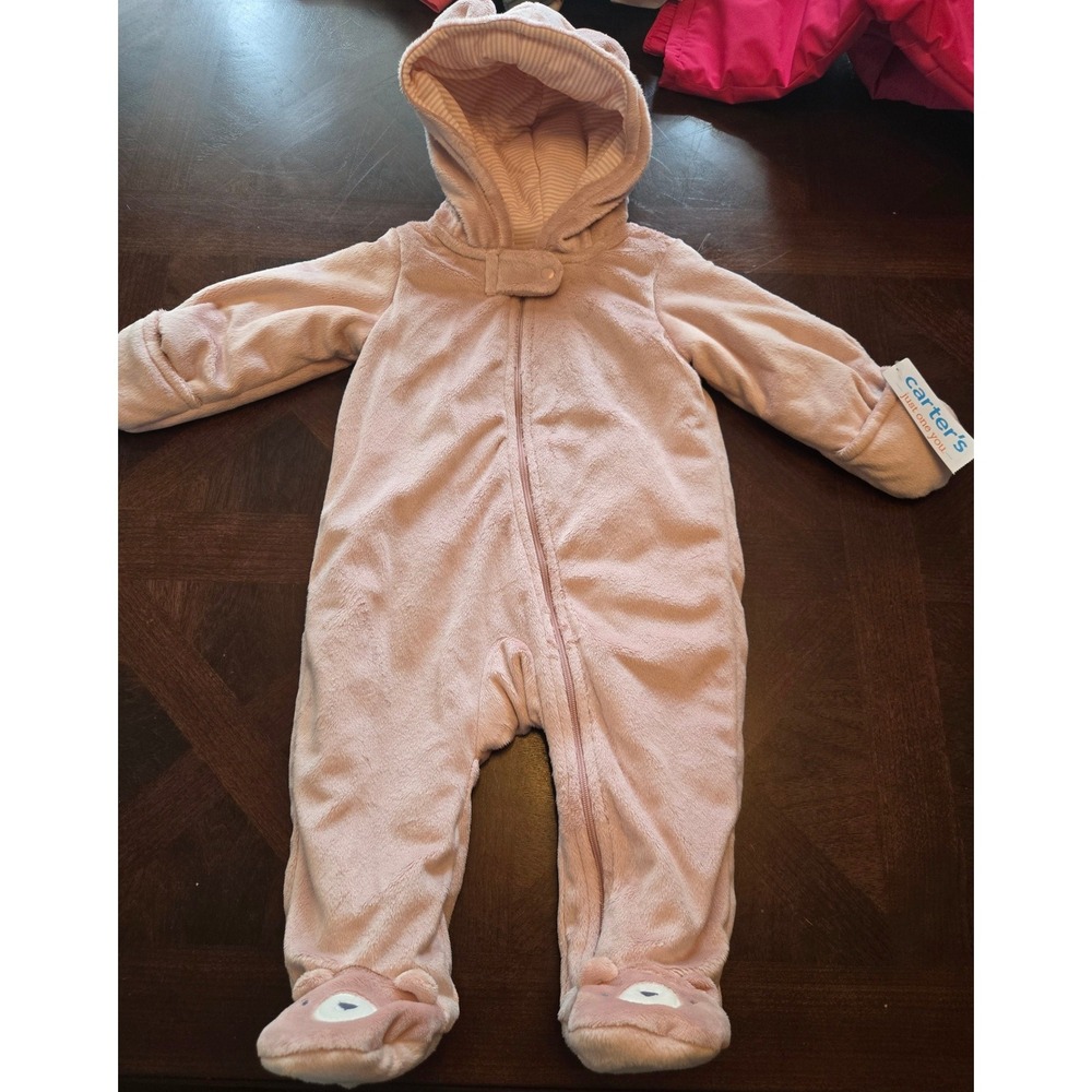 Carters Just One You Pink Fleece Bear Pram Suit Hooded Footed 6M 1T933110